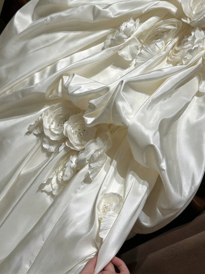 Luxury Ivory Strapless Sweetheart Ruched Satin 3D Floral Beaded Mermaid Long Prom Dress Wedding Dress AD1475