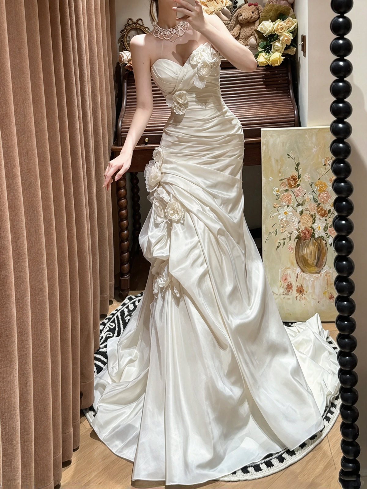 Luxury Ivory Strapless Sweetheart Ruched Satin 3D Floral Beaded Mermaid Long Prom Dress Wedding Dress AD1475