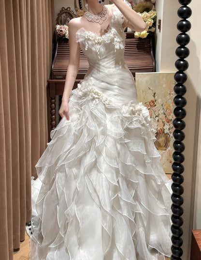 Ethereal Ivory One Shoulder Ruched 3D Floral Beaded Ruffled Mermaid Long Prom Dress Wedding Dress AD1476