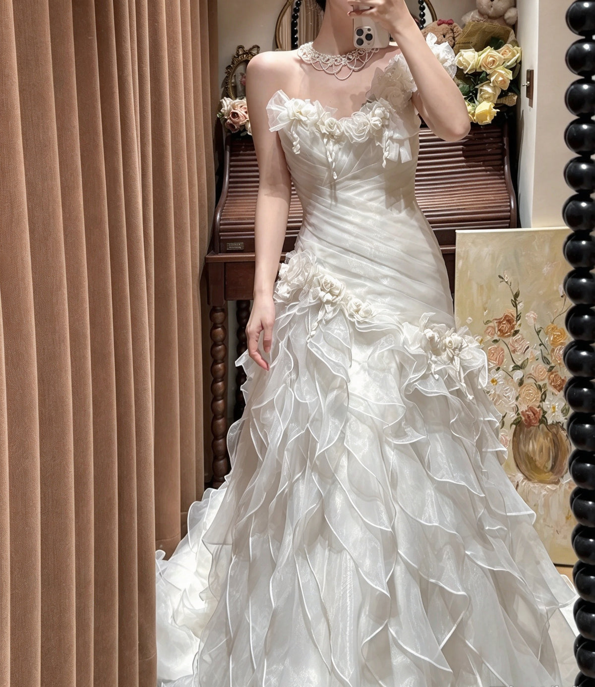 Ethereal Ivory One Shoulder Ruched 3D Floral Beaded Ruffled Mermaid Long Prom Dress Wedding Dress AD1476