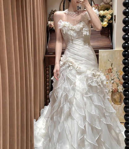 Ethereal Ivory One Shoulder Ruched 3D Floral Beaded Ruffled Mermaid Long Prom Dress Wedding Dress AD1476