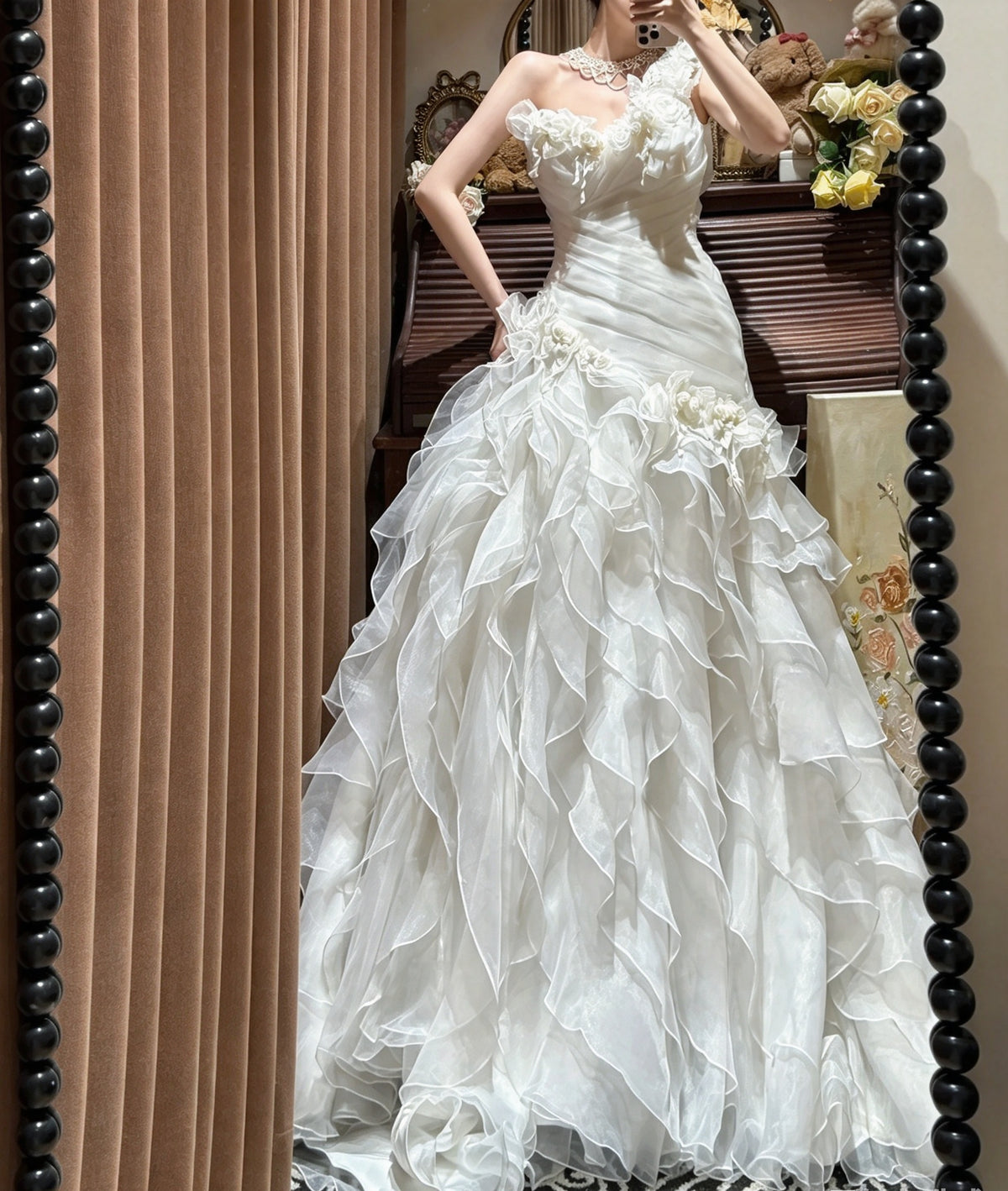 Ethereal Ivory One Shoulder Ruched 3D Floral Beaded Ruffled Mermaid Long Prom Dress Wedding Dress AD1476