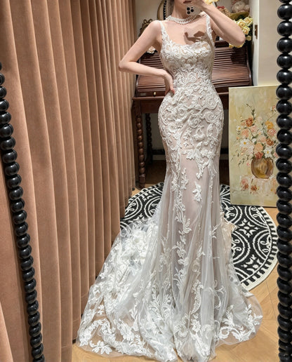 Glam Ivory Scoop Neck Strap Lace Appliqué Sheer Mermaid Long Prom Dress Wedding Dress AD1477
