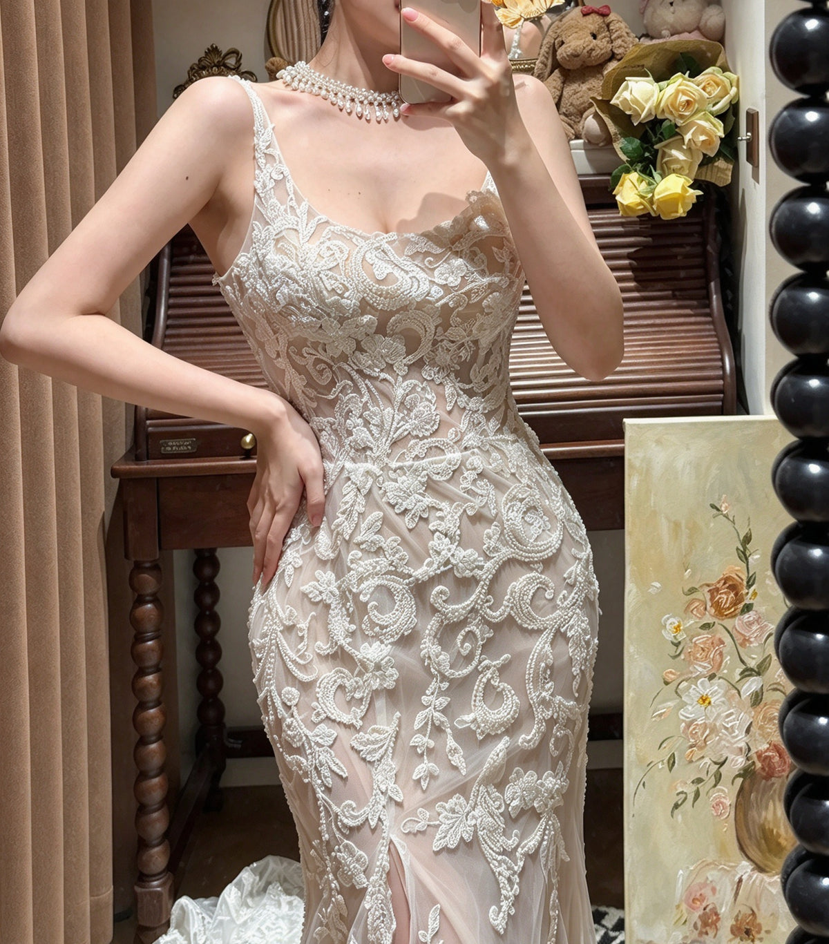 Glam Ivory Scoop Neck Strap Lace Appliqué Sheer Mermaid Long Prom Dress Wedding Dress AD1477