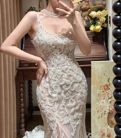 Glam Ivory Scoop Neck Strap Lace Appliqué Sheer Mermaid Long Prom Dress Wedding Dress AD1477