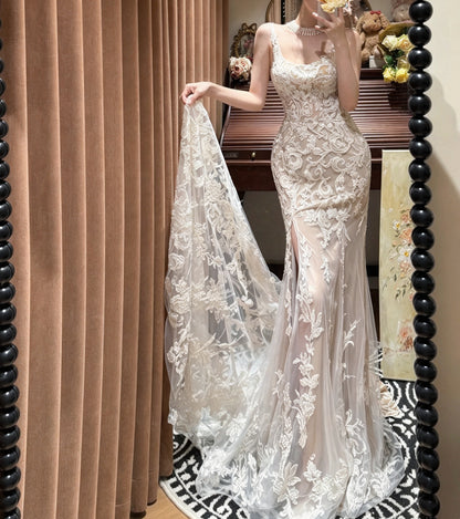 Glam Ivory Scoop Neck Strap Lace Appliqué Sheer Mermaid Long Prom Dress Wedding Dress AD1477