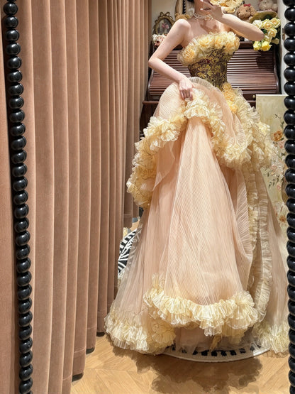 Opulent Champagne Strapless Bodice 3D Floral Ruffled Tulle A Line Long Prom Dress AD1479