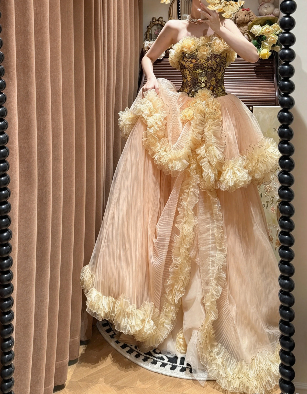 Opulent Champagne Strapless Bodice 3D Floral Ruffled Tulle A Line Long Prom Dress AD1479