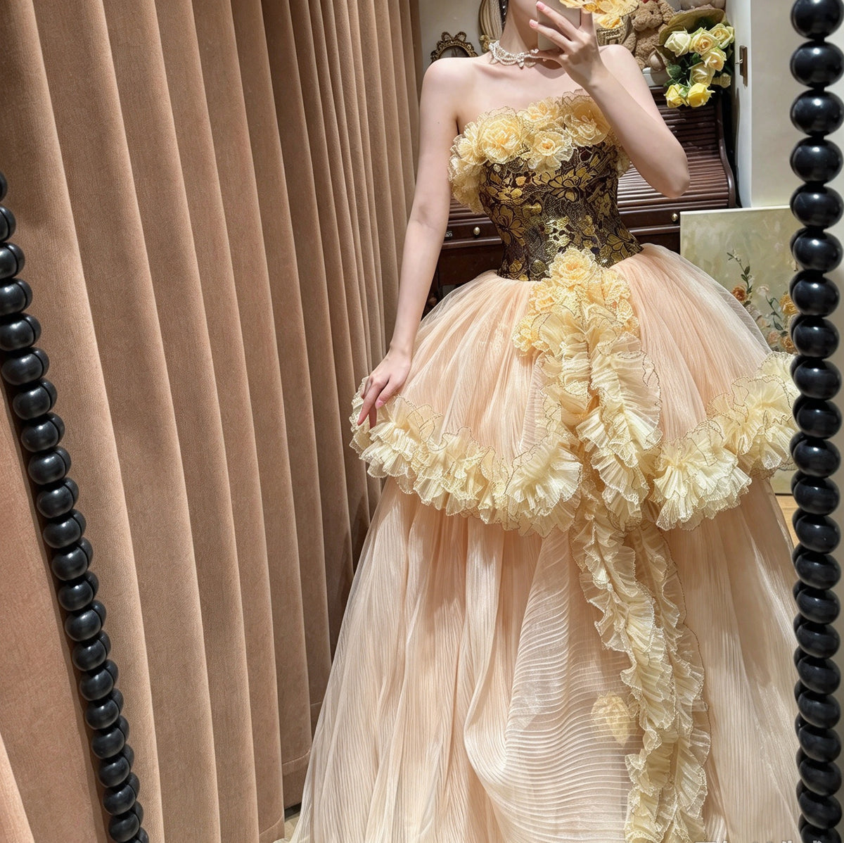 Opulent Champagne Strapless Bodice 3D Floral Ruffled Tulle A Line Long Prom Dress AD1479