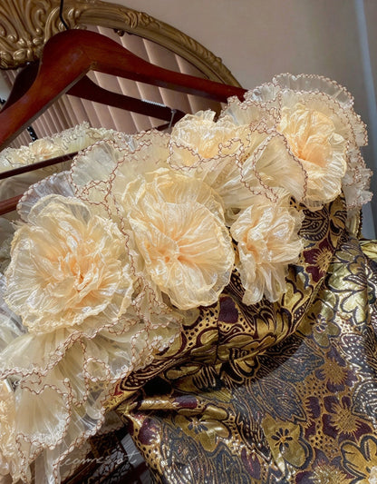 Opulent Champagne Strapless Bodice 3D Floral Ruffled Tulle A Line Long Prom Dress AD1479