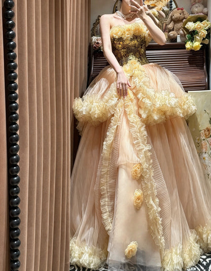 Opulent Champagne Strapless Bodice 3D Floral Ruffled Tulle A Line Long Prom Dress AD1479