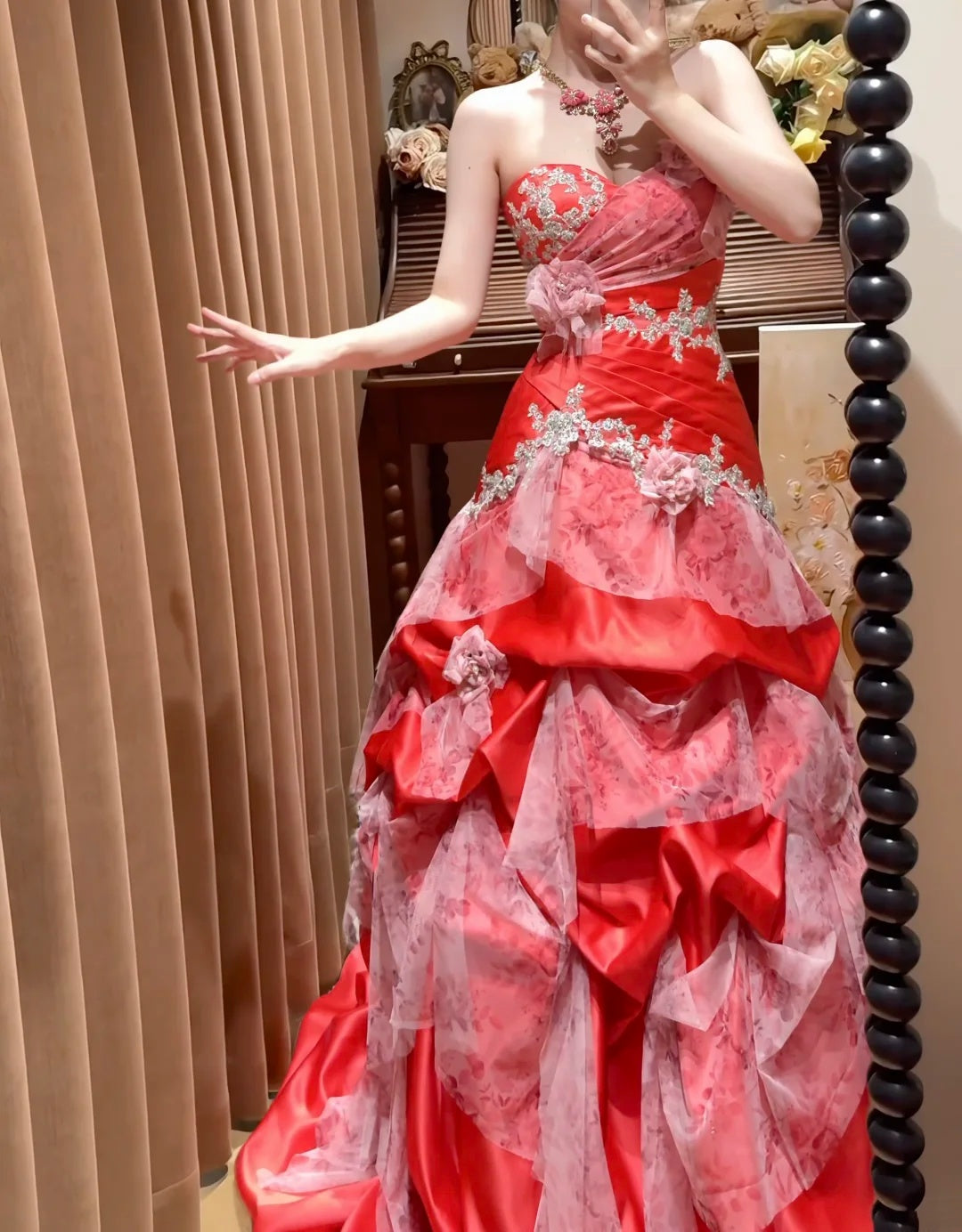 Chic Red Strapless Sweetheart Beaded Floral Appliqué Mermaid Long Prom Dress AD1480