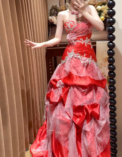 Chic Red Strapless Sweetheart Beaded Floral Appliqué Mermaid Long Prom Dress AD1480