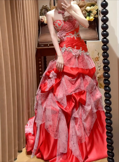 Chic Red Strapless Sweetheart Beaded Floral Appliqué Mermaid Long Prom Dress AD1480
