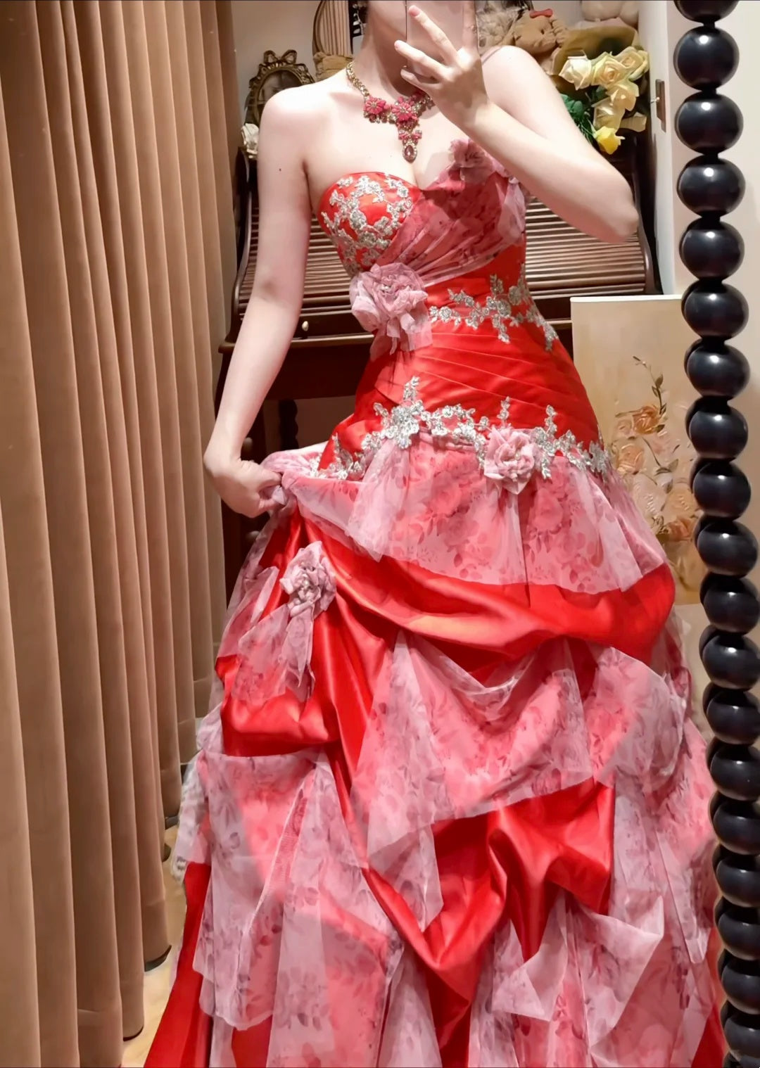 Chic Red Strapless Sweetheart Beaded Floral Appliqué Mermaid Long Prom Dress AD1480