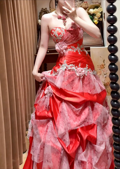 Chic Red Strapless Sweetheart Beaded Floral Appliqué Mermaid Long Prom Dress AD1480