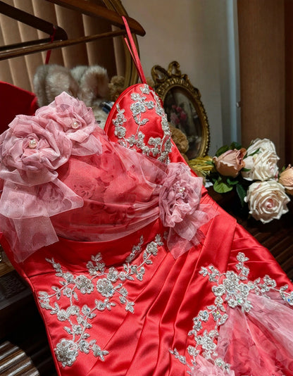 Chic Red Strapless Sweetheart Beaded Floral Appliqué Mermaid Long Prom Dress AD1480