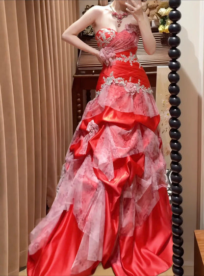 Chic Red Strapless Sweetheart Beaded Floral Appliqué Mermaid Long Prom Dress AD1480