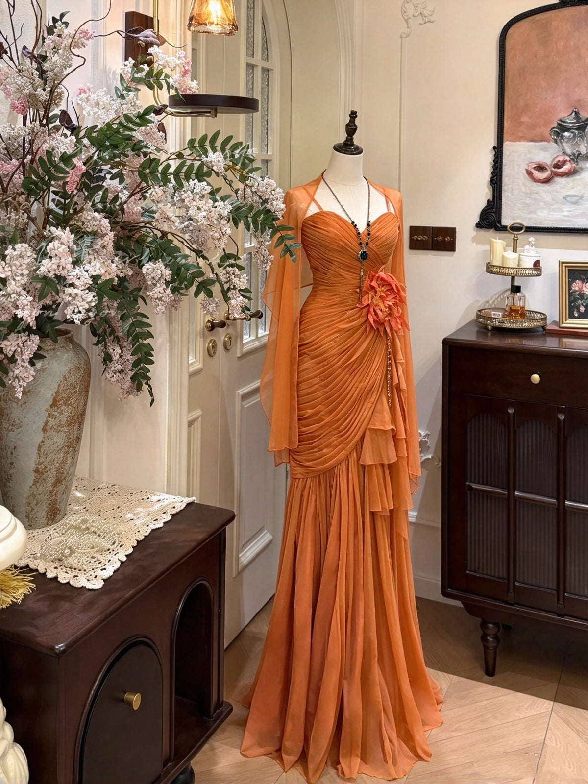 Gorgeous Orange Spaghetti Straps 3D Floral Beaded Ruched Mermaid Long Prom Dress With Shawl AD1482