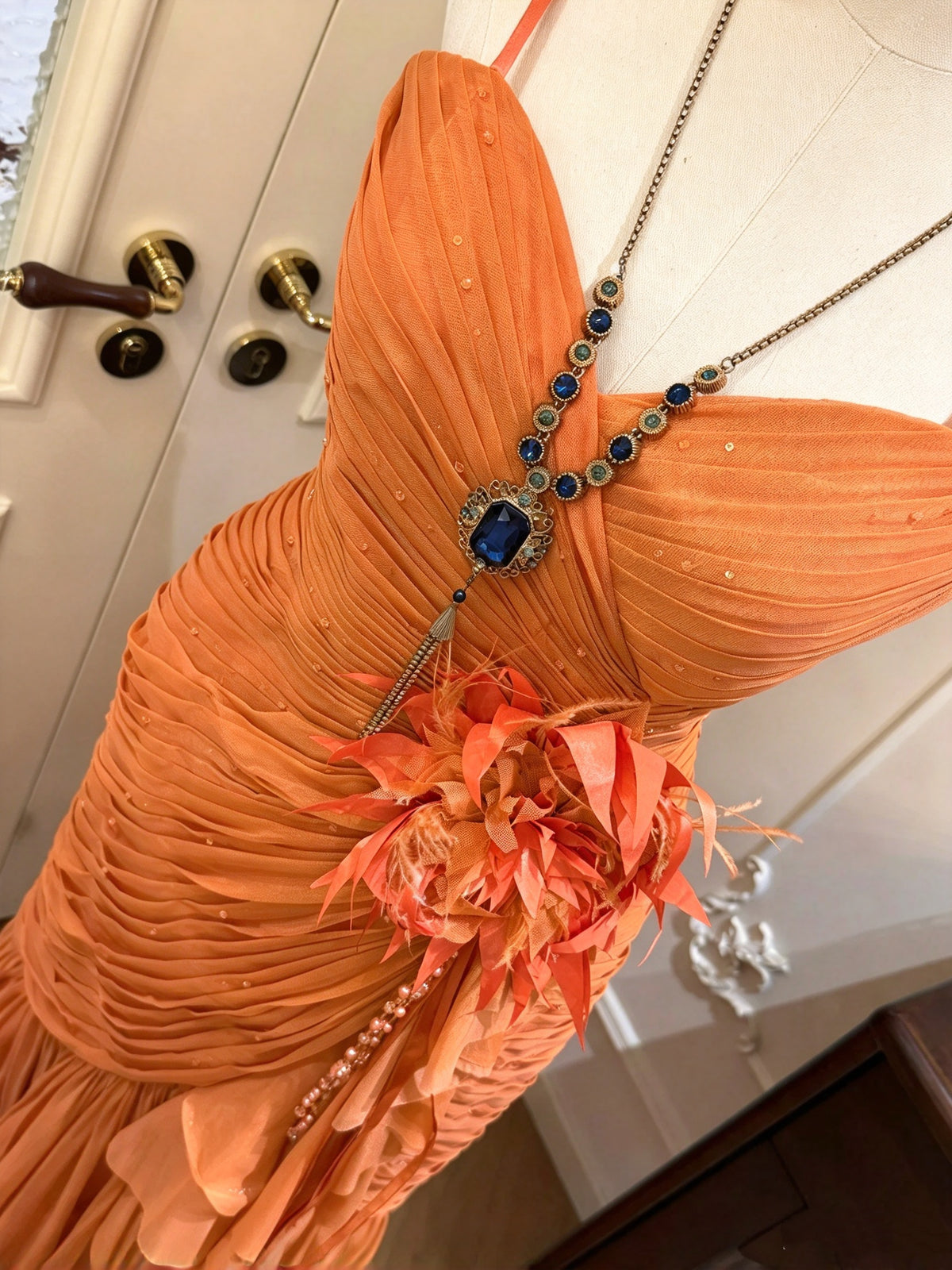 Gorgeous Orange Spaghetti Straps 3D Floral Beaded Ruched Mermaid Long Prom Dress With Shawl AD1482