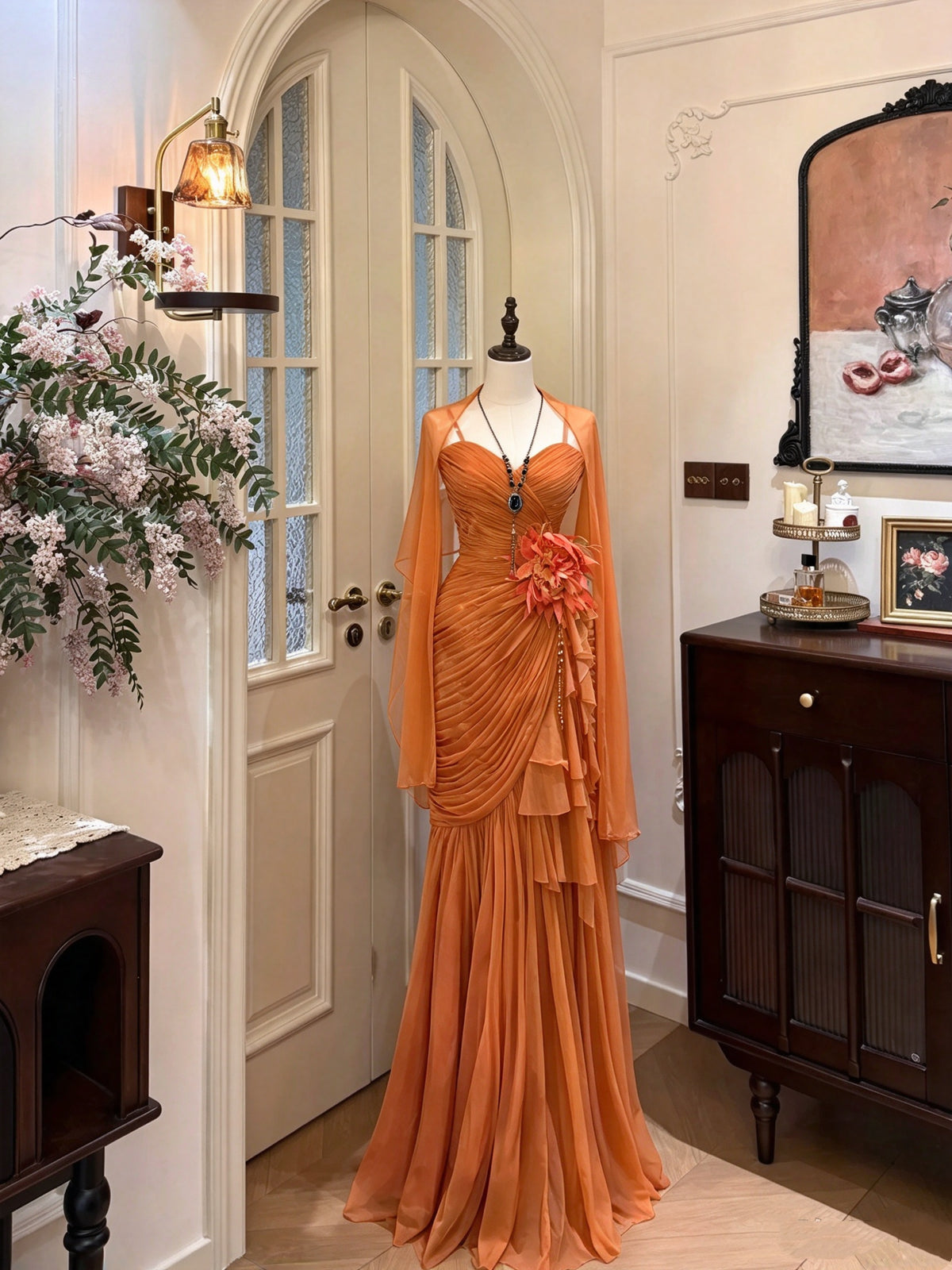 Gorgeous Orange Spaghetti Straps 3D Floral Beaded Ruched Mermaid Long Prom Dress With Shawl AD1482