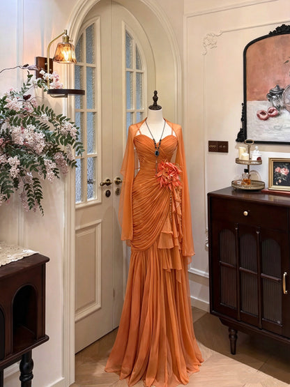 Gorgeous Orange Spaghetti Straps 3D Floral Beaded Ruched Mermaid Long Prom Dress With Shawl AD1482