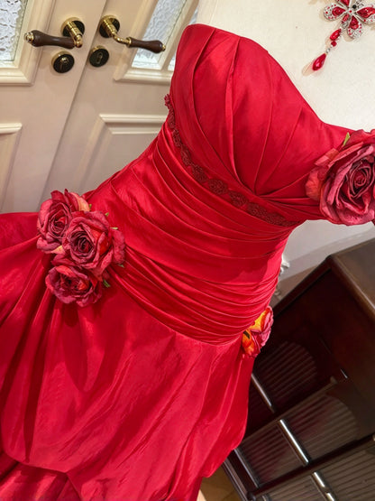 Chic Red Strapless Sweetheart Ruched Satin 3D Floral Beaded Mermaid Long Prom Dress AD1483