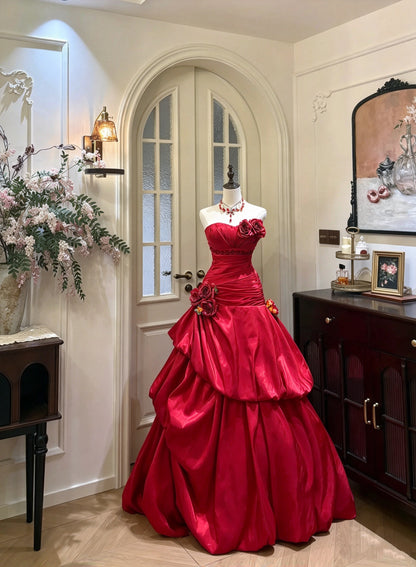 Chic Red Strapless Sweetheart Ruched Satin 3D Floral Beaded Mermaid Long Prom Dress AD1483