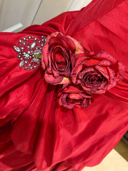 Chic Red Strapless Sweetheart Ruched Satin 3D Floral Beaded Mermaid Long Prom Dress AD1483