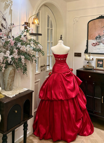 Chic Red Strapless Sweetheart Ruched Satin 3D Floral Beaded Mermaid Long Prom Dress AD1483