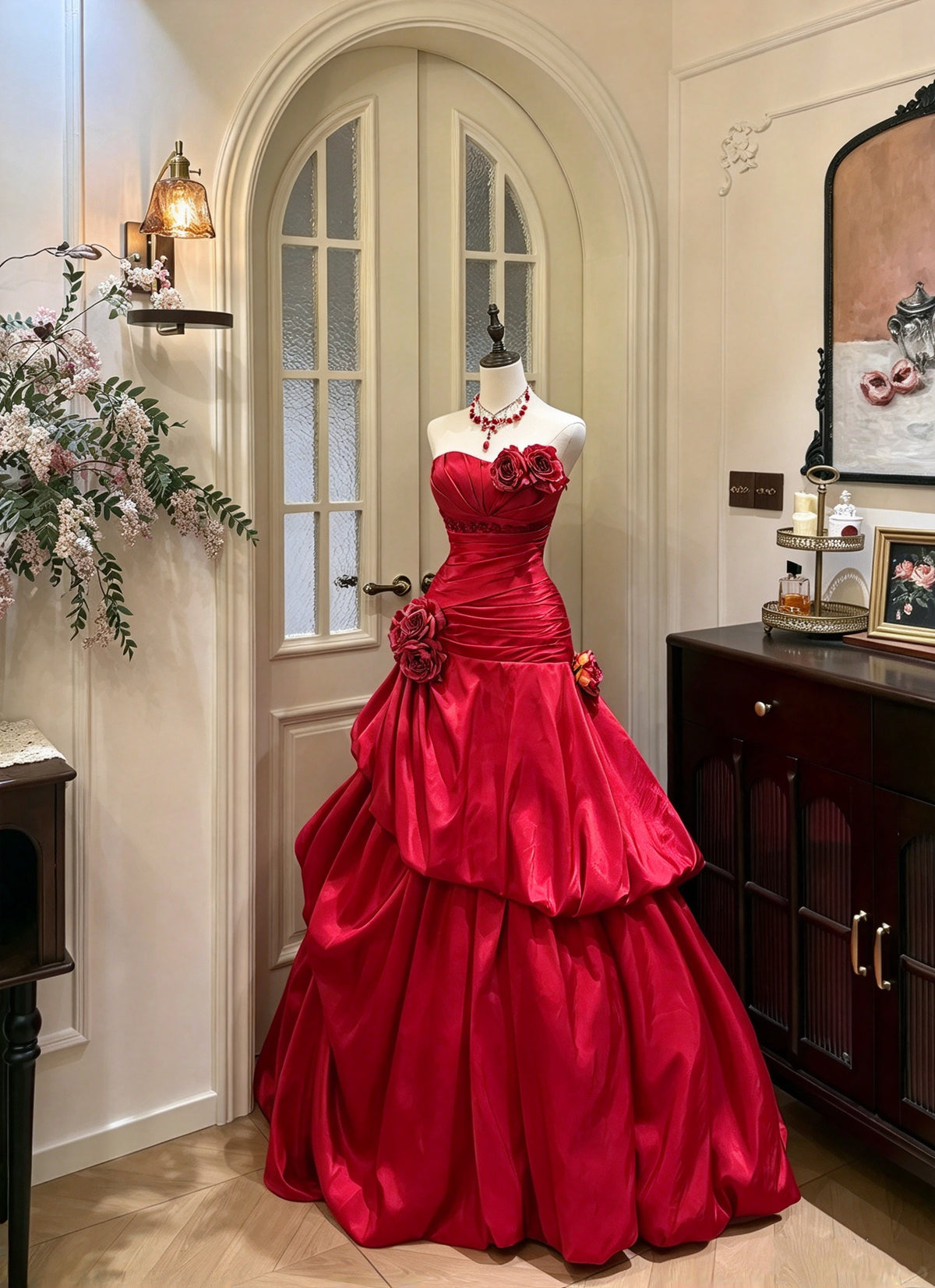 Chic Red Strapless Sweetheart Ruched Satin 3D Floral Beaded Mermaid Long Prom Dress AD1483