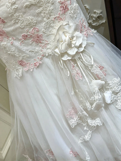 Romantic White Strapless Sweetheart Pink Floral Lace Appliqué Mermaid Long Prom Dress Wedding Dress AD1484