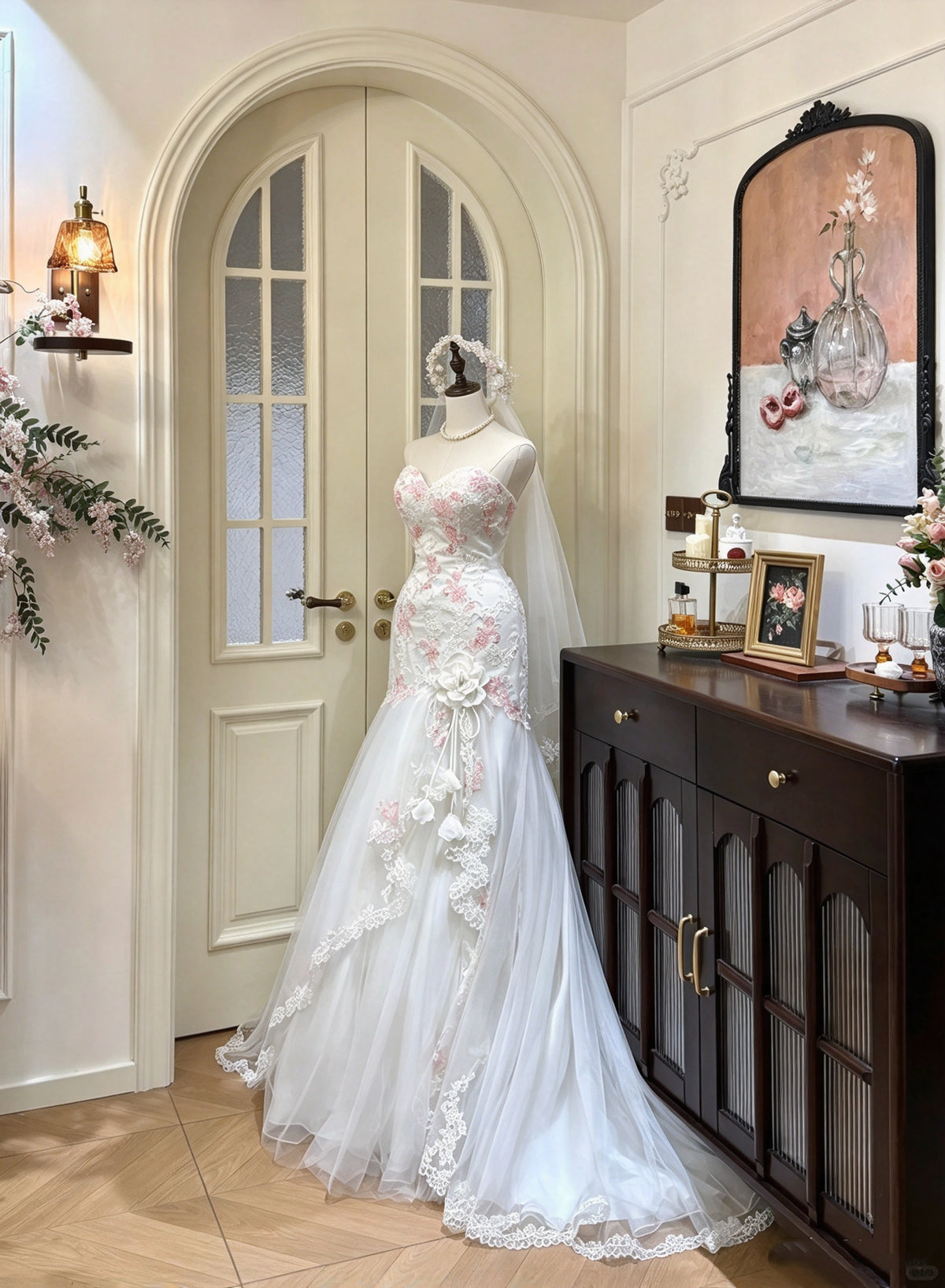 Romantic White Strapless Sweetheart Pink Floral Lace Appliqué Mermaid Long Prom Dress Wedding Dress AD1484