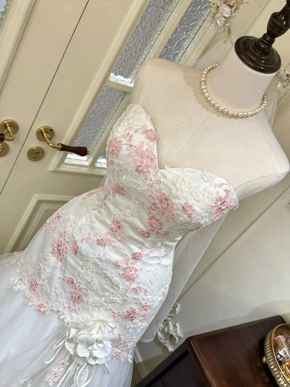 Romantic White Strapless Sweetheart Pink Floral Lace Appliqué Mermaid Long Prom Dress Wedding Dress AD1484