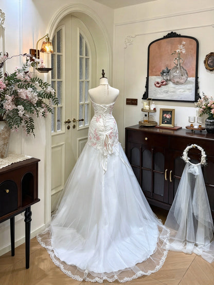 Romantic White Strapless Sweetheart Pink Floral Lace Appliqué Mermaid Long Prom Dress Wedding Dress AD1484