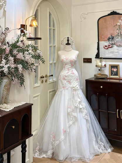 Romantic White Strapless Sweetheart Pink Floral Lace Appliqué Mermaid Long Prom Dress Wedding Dress AD1484