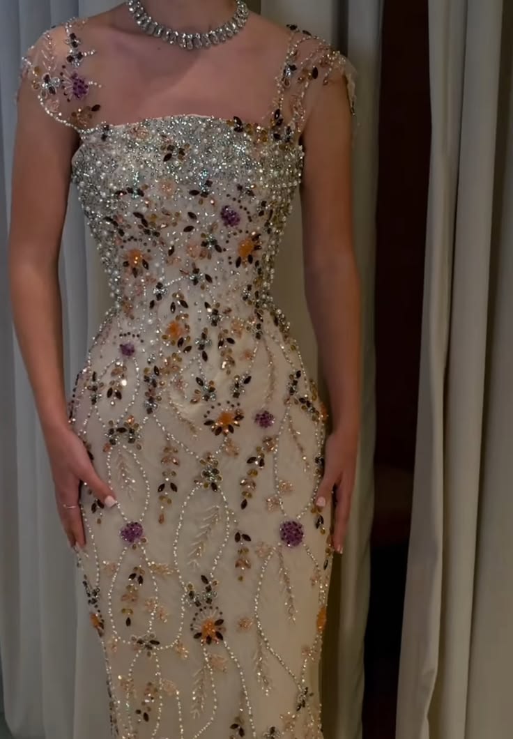 Luxury Champagne Square Neck Cap Sleeve Floral Beaded Mermaid Long Prom Dress AD1487