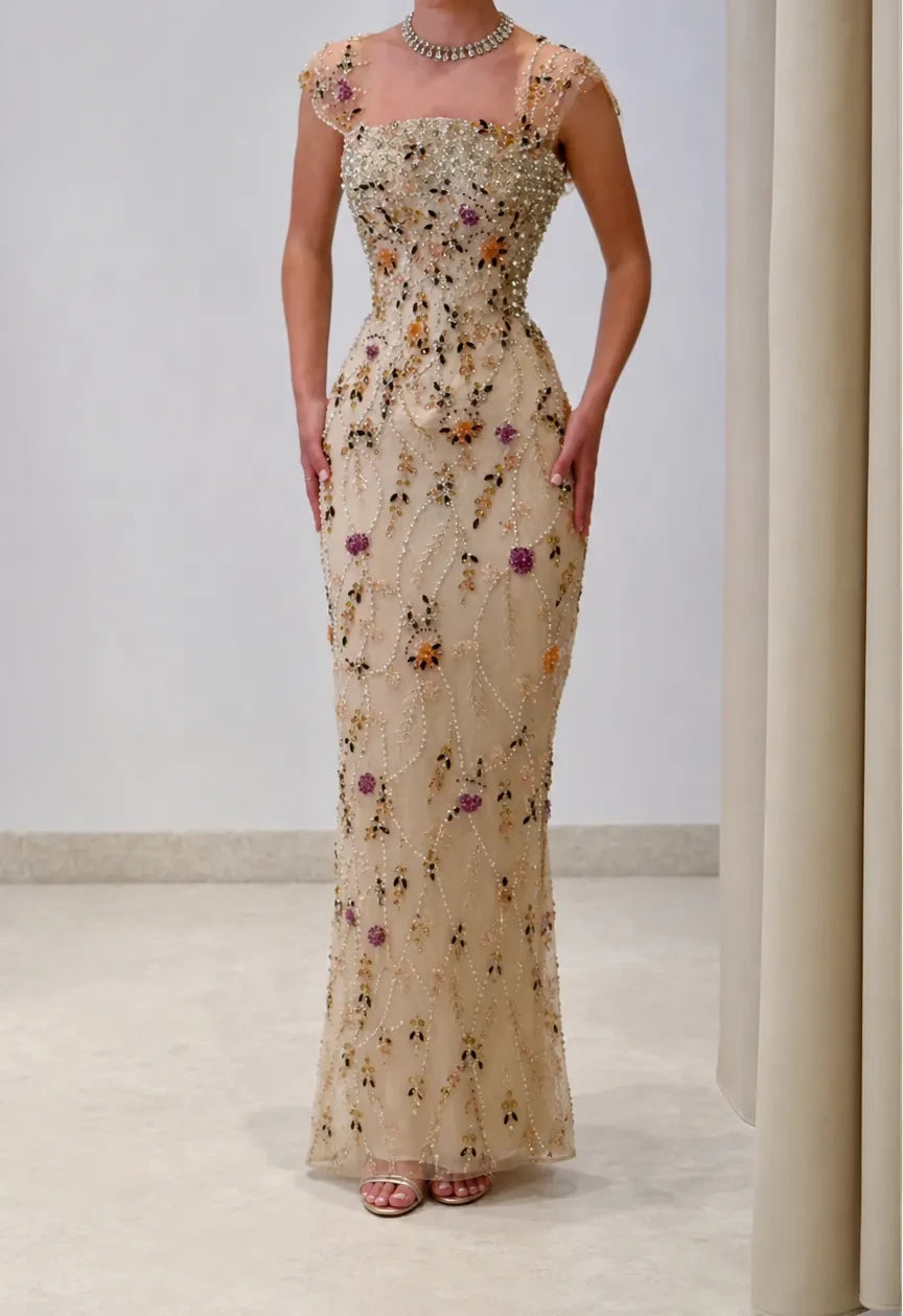 Luxury Champagne Square Neck Cap Sleeve Floral Beaded Mermaid Long Prom Dress AD1487