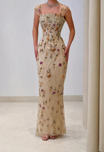 Luxury Champagne Square Neck Cap Sleeve Floral Beaded Mermaid Long Prom Dress AD1487