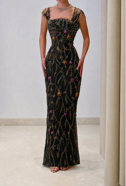 Luxury Champagne Square Neck Cap Sleeve Floral Beaded Mermaid Long Prom Dress AD1487