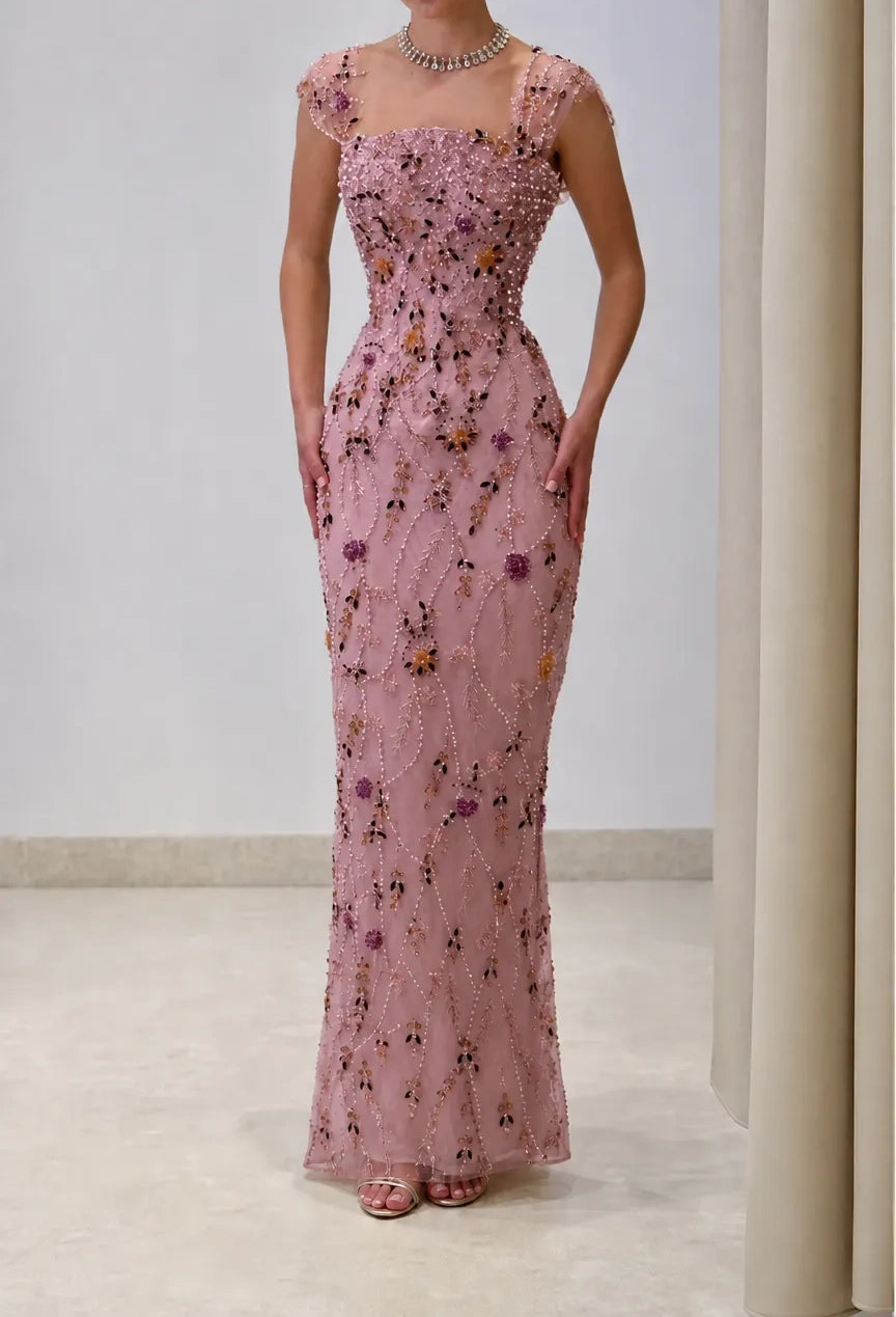 Luxury Champagne Square Neck Cap Sleeve Floral Beaded Mermaid Long Prom Dress AD1487