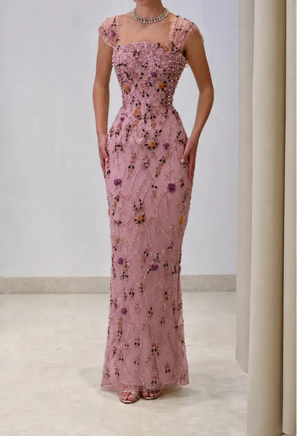 Luxury Champagne Square Neck Cap Sleeve Floral Beaded Mermaid Long Prom Dress AD1487