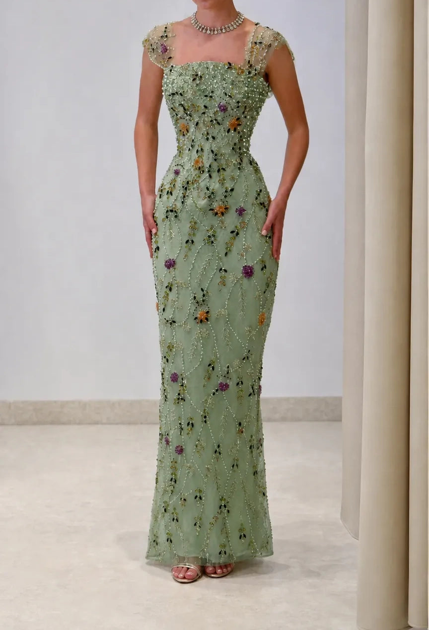 Luxury Champagne Square Neck Cap Sleeve Floral Beaded Mermaid Long Prom Dress AD1487