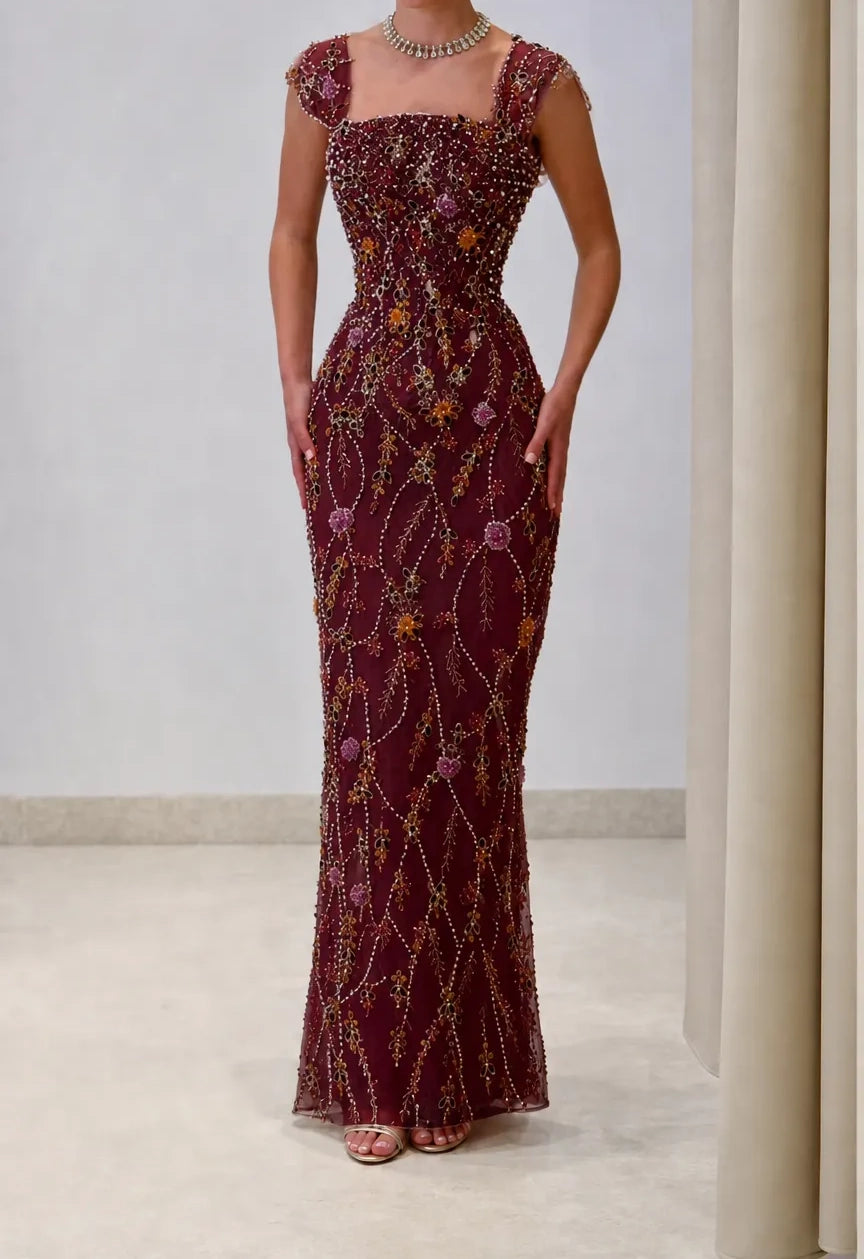 Luxury Champagne Square Neck Cap Sleeve Floral Beaded Mermaid Long Prom Dress AD1487