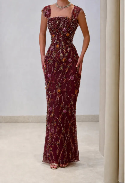 Luxury Champagne Square Neck Cap Sleeve Floral Beaded Mermaid Long Prom Dress AD1487