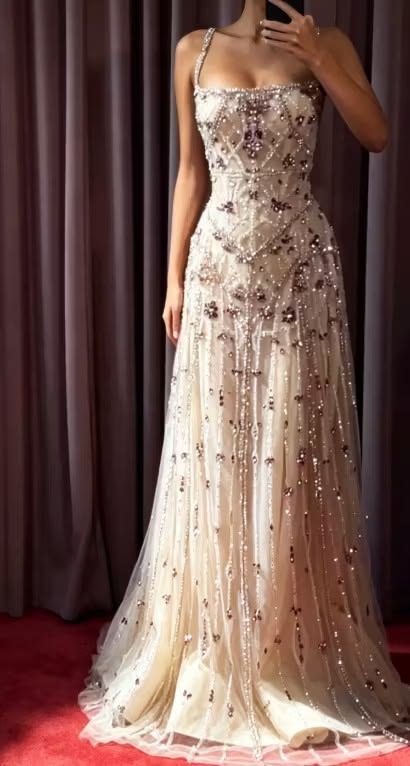 Glam Champagne Spaghetti Straps Rhinestone Beaded A Line Long Prom Dress AD1488