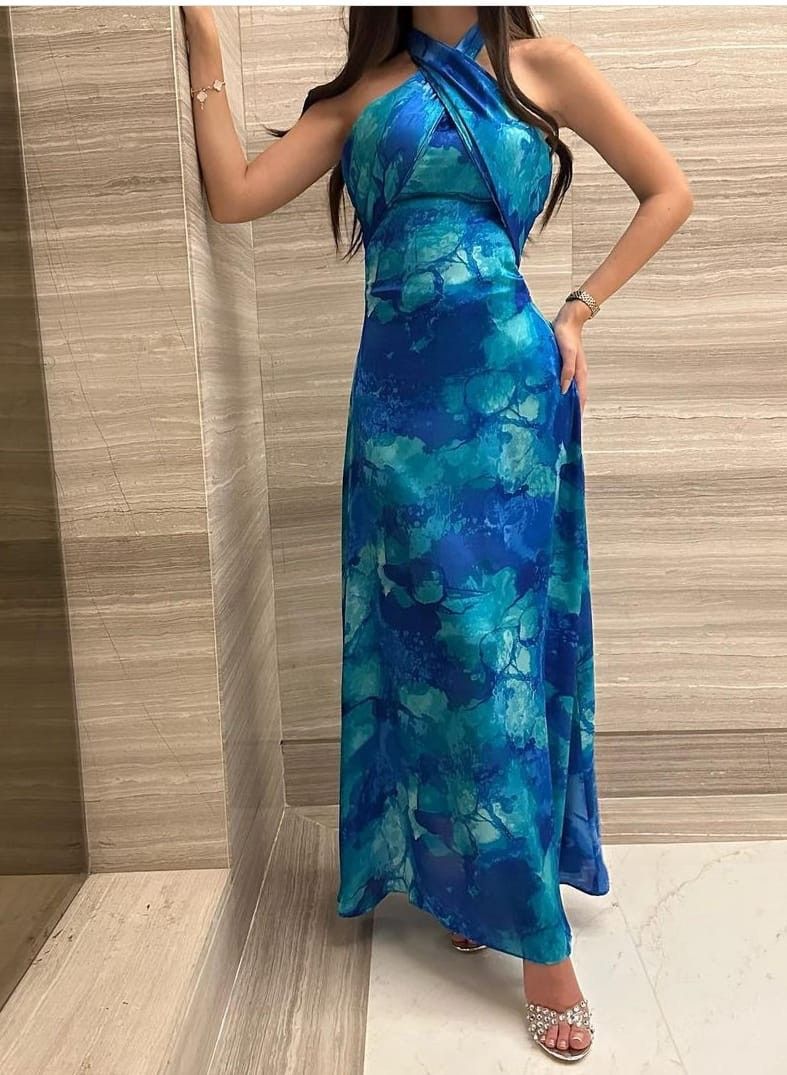 Vibrant Teal Blue Print Halter Cross Neck Sheath Long Prom Dress AD1489