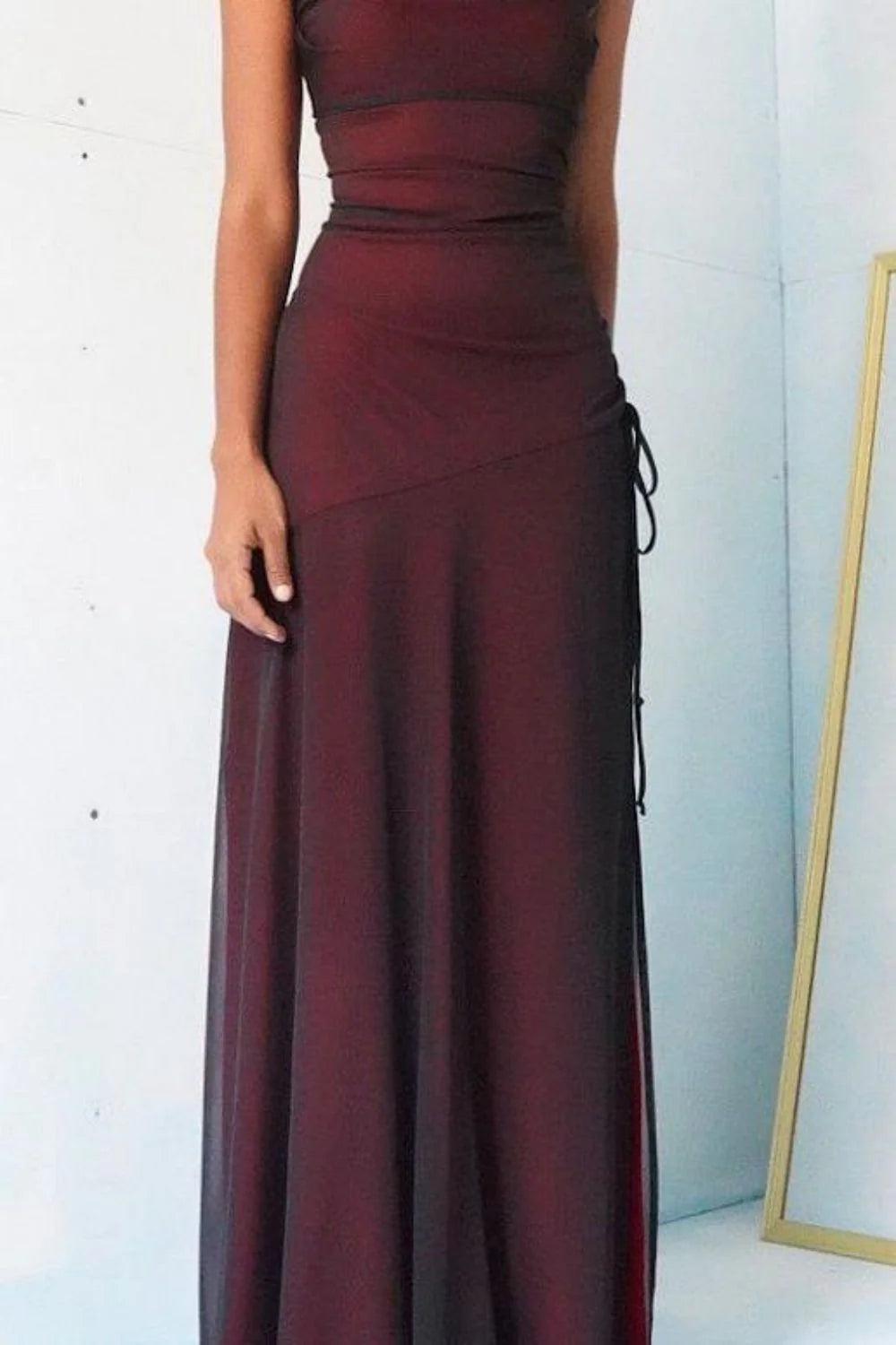 Simple Sheath Spaghetti Straps Burgundy Long Prom Dress With Split Front AD149