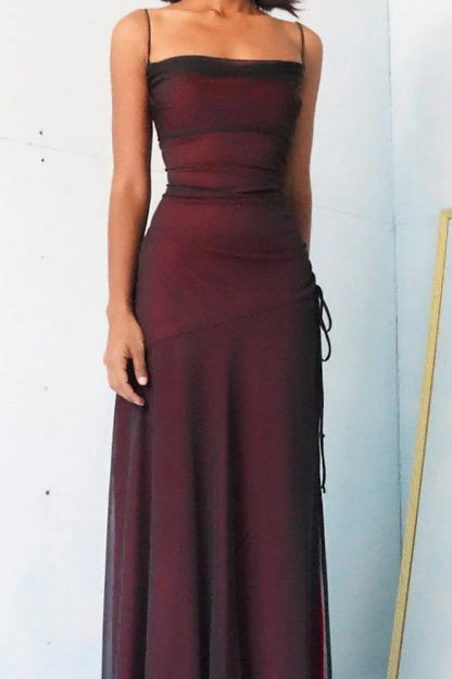 Simple Sheath Spaghetti Straps Burgundy Long Prom Dress With Split Front AD149
