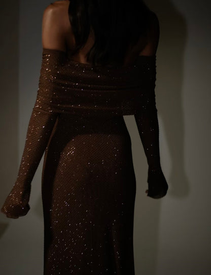 Stunning Brown Off Shoulder Long Sleeve Glitter Bodycon Long Prom Dress AD1495
